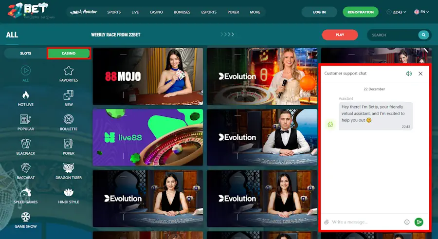 22Bet Live Casino and Live chat Screenshot